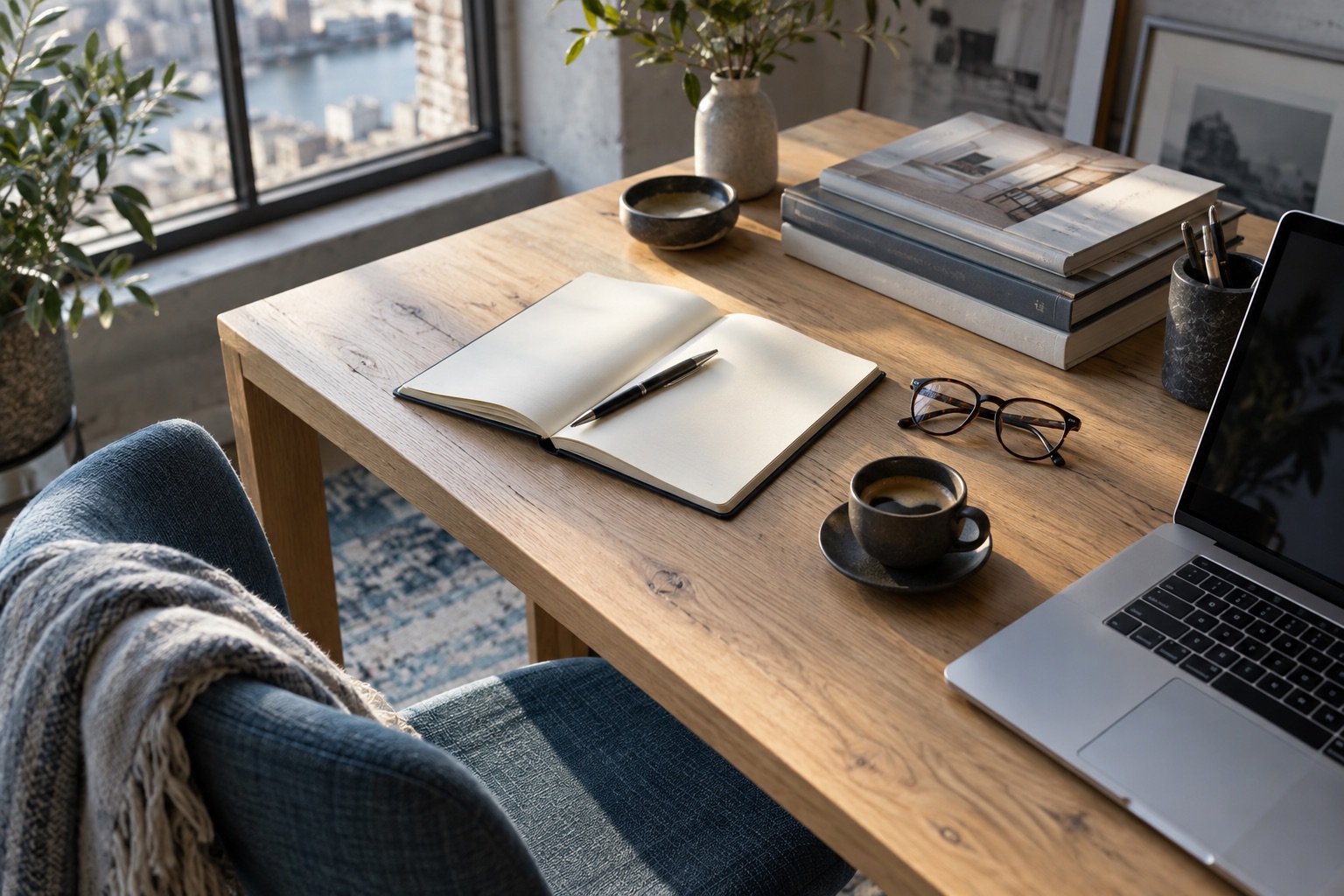 An open notebook, reading glasses, and a laptop on a sunlit desk